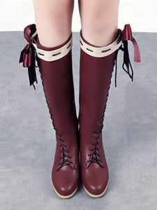 Classic Lolita Boots Bow Lace Up Two Tone PU Puppy Heel Lolita Shoes