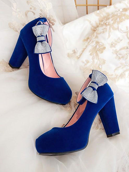 Classic Lolita Pump Nubuck Rhinestone Bow Ankle Strap Chunky High Heel Lolita Shoes