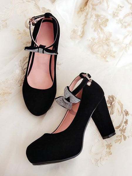 Classic Lolita Pump Nubuck Rhinestone Bow Ankle Strap Chunky High Heel Lolita Shoes