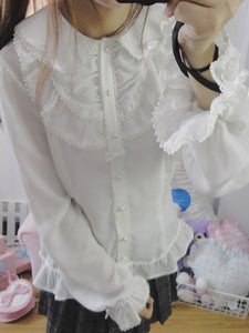 Classic Lolita Shirt Lace Ruffle Pearl Chiffon White Lolita Blouse