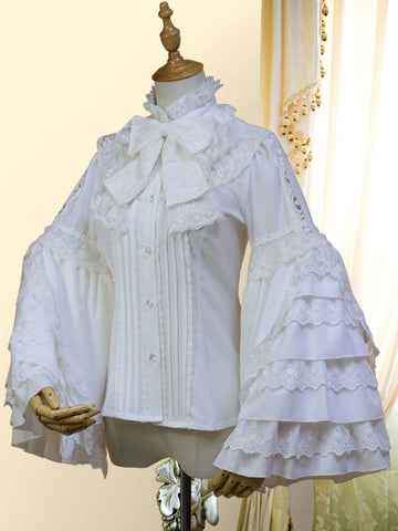 Classic Lolita Shirt Bow Lace Layered Ruffle Chiffon White Lolita Blouse