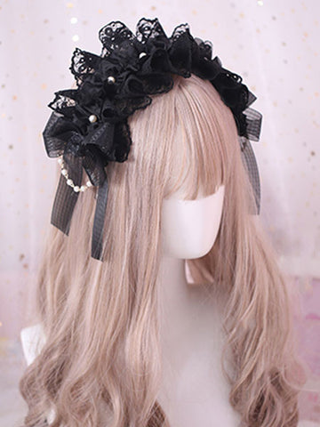 Gothic Lolita Hair Accessory Ruffle Bow Pearl Lace Black Lolita Headdress