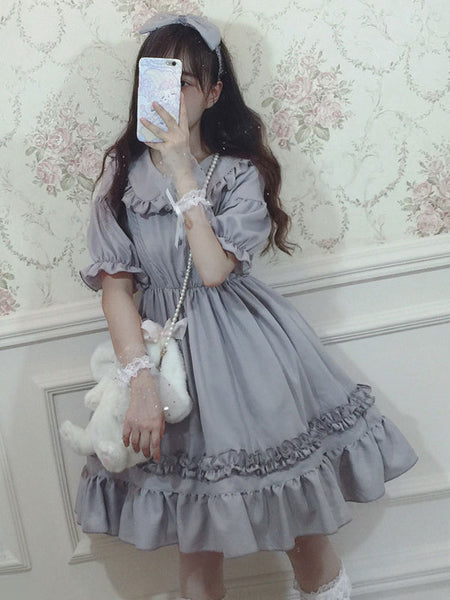 Classic Lolita OP Dress Ruffle Button Decor Grey Lolita One Piece Dress