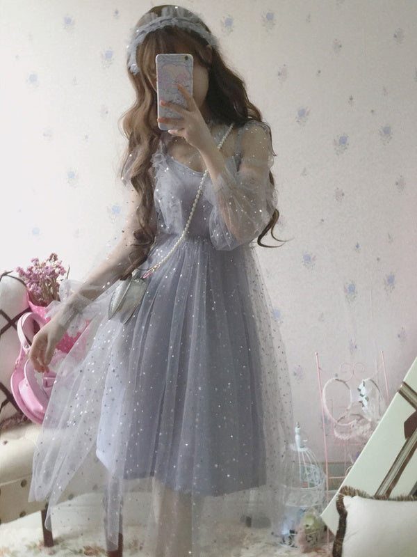 Sweet Lolita 2 Piece Dress Sequin Tulle Slip Dress and Cover Up