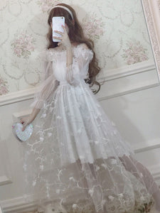 Sweet Lolita OP Dress Ruffle Flower Tulle White Lolita One Piece Dress