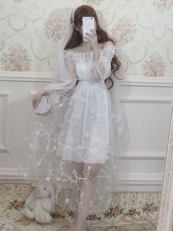 Sweet Lolita OP Dress Ruffle Flower Tulle White Lolita One Piece Dress