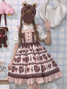 Sweet Lolita JSK Dress Chocolate Love Song Print Ruffle Pink Lolita Jumper Skirt