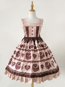 Sweet Lolita JSK Dress Chocolate Love Song Print Ruffle Pink Lolita Jumper Skirt
