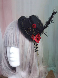 Gothic Lolita Hair Accessory Flower Pearl Chain Feather Black Lolita Hat