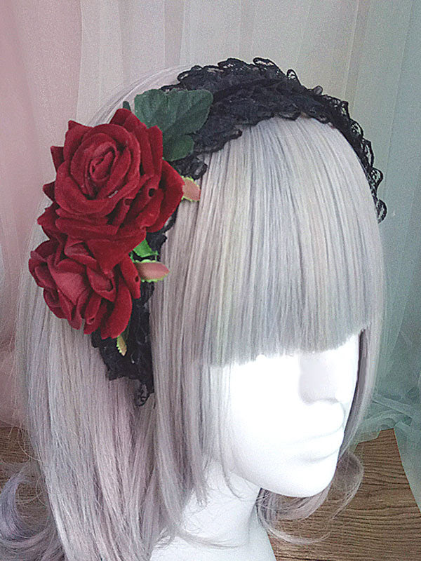 Gothic Lolita Headband Rose Lace Ruffle Black Lolita Headdress