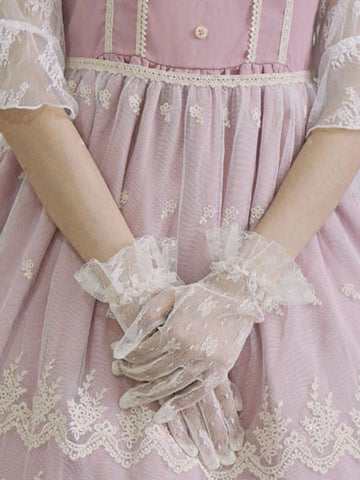 Lolita Wedding Glove Lace Floral Ruffle White Lolita Mitten