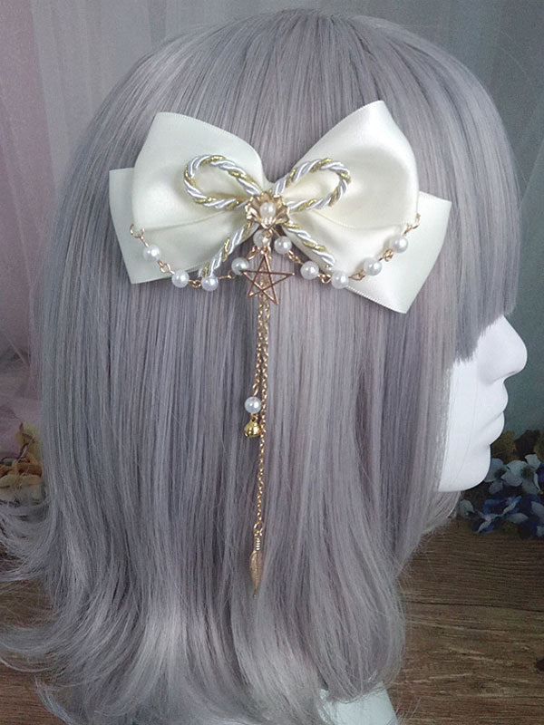 Sweet Lolita Hair Clip Bow Pearl Beel Chain Satin Lolita Hair Accessory