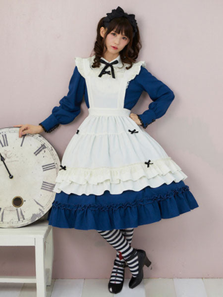 Maiden Style Lolita OP Dress Bow Ruffle Blue Lolita One Piece Dress With Apron