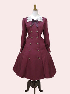 Classic Lolita OP Dress Lace Bow Double Breasted Burgundy Lolita One Piece Dress