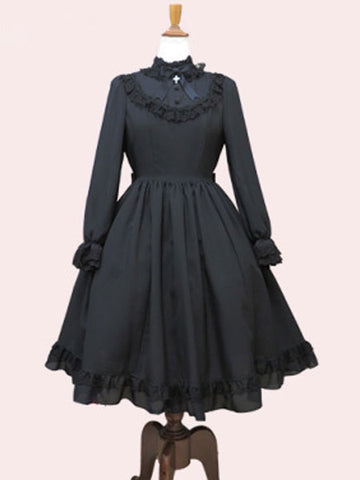Classic Lolita OP Dress Ruffle Bow Pleated Black Lolita One Piece Dress