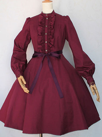 Classic Lolita OP Dress Bow Frill Button Decor Cotton Pleated Lolita One Piece Dress