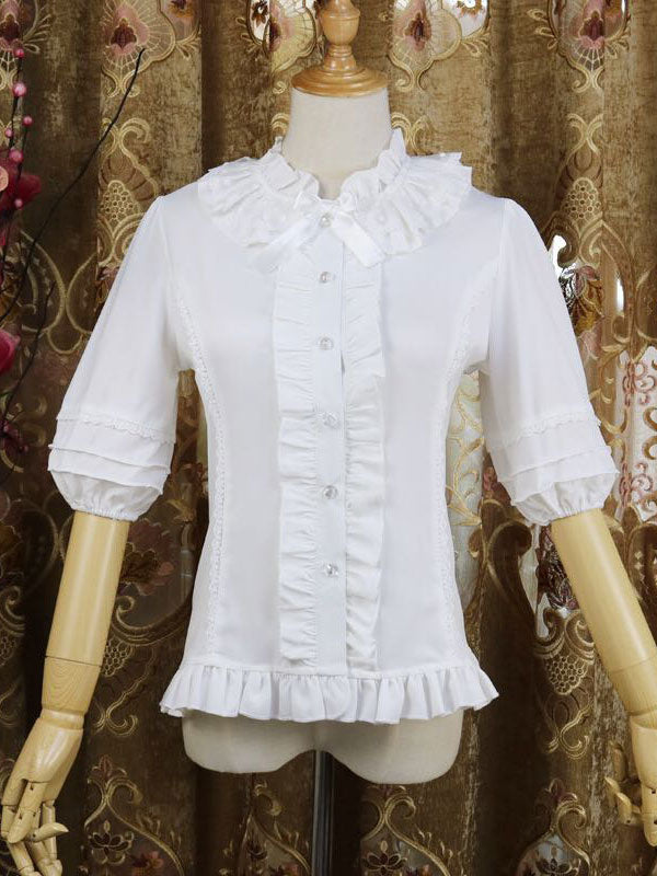 Sweet Lolita Shirt Lace Ruffle Bow Chiffon White Half Sleeve Lolita Blouse