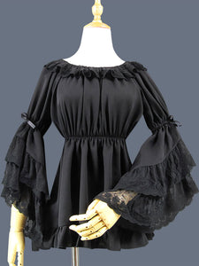 Classic Lolita Blouse Lace Layered Ruffle Bowknot Hime Sleeve Chiffon Black Lolita Top