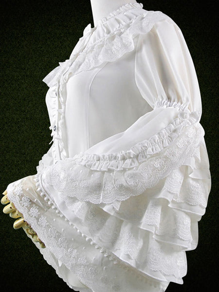 Sweet Lolita Shirt Lace Trim Layered Ruffle Hime Sleeve Chiffon White Lolita Shirt