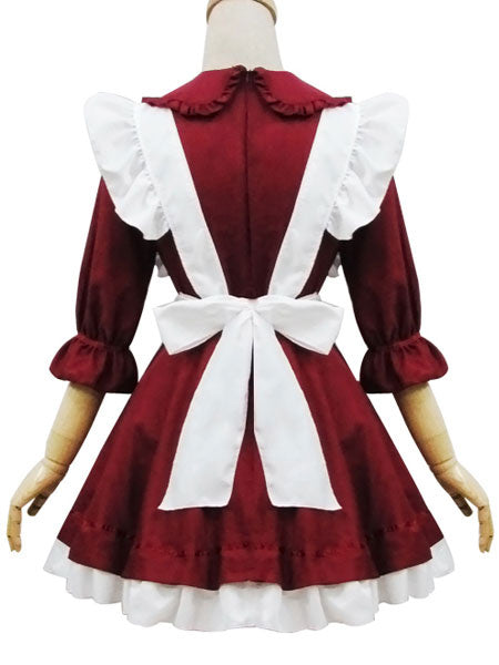 Maiden Style Lolita OP Dress Ruffle Bow Button Decor Burgundy Lolita One Piece Dress