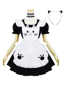 Maiden Style Lolita Outfit Kitten Embroidered U Neck Ruffle Black 4 Piece Lolita Set