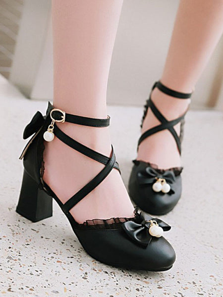 Sweet Lolita Footwear Bow Lace High Heel PU Leather Lolita Pump Shoes