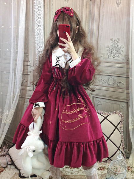 Gothic Lolita OP Dress Buttons Ruffles Stars Print Long Sleeves Lolita One Piece Dresses