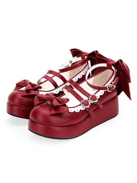 Sweet Lolita Pumps Burgundy Bows Round Toe Flatform Lolita Shoes