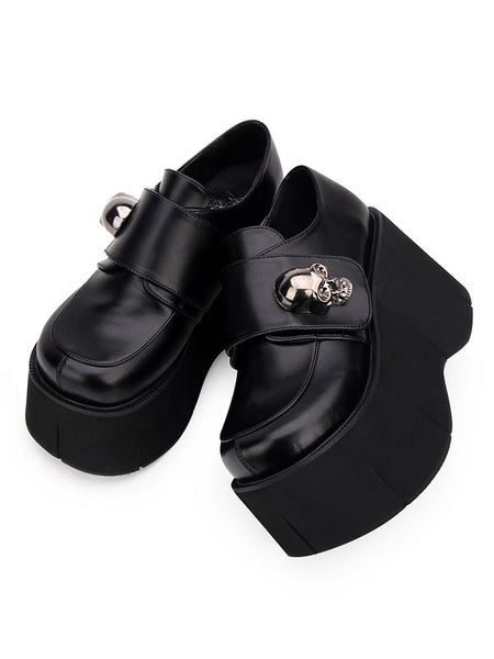 Black Lolita Shoes Gothic Skull Flatform Round Toe PU Leather Lolita Pumps