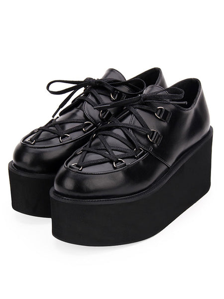Gothic Lolita Shoes Black Flatform Lace Up Round Toe PU Leather Lolita Pumps