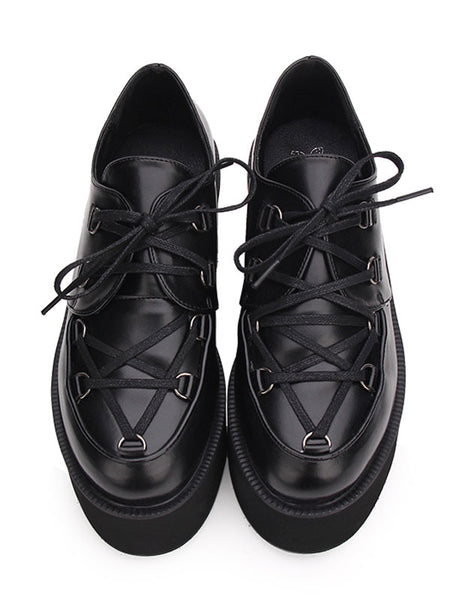 Gothic Lolita Shoes Black Flatform Lace Up Round Toe PU Leather Lolita Pumps