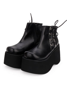 Gothic Lolita Pumps Flatform Black Lace Up PU Leather Lolita Shoes