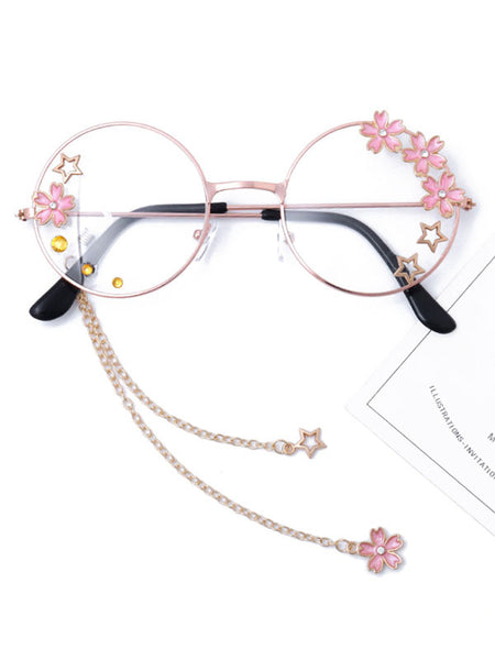 Sweet Lolita Glasses Pink Chains Flowers Stars Round Frame Sunglasses