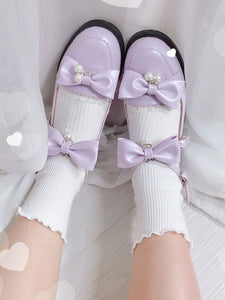 Sweet Lolita Footwear Ecru White Bows Pearls Puppy Heel Lolita Pumps