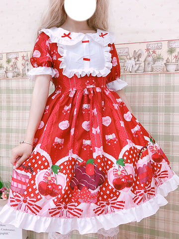 Sweet Lolita OP Dress Printed Red Bows Ruffles Lolita One Piece Dresses