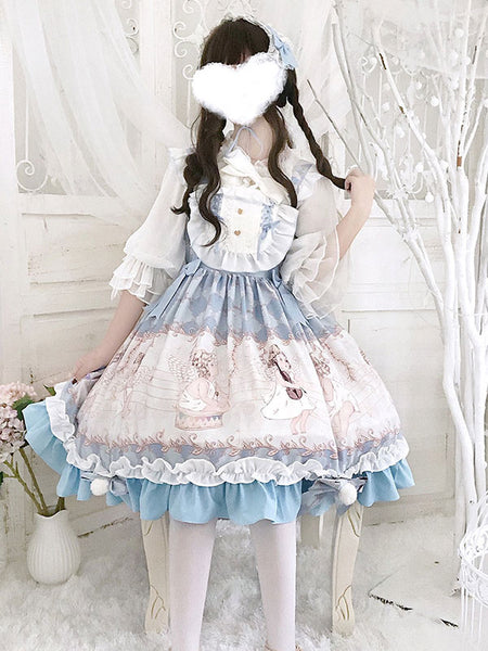 Sweet Lolita JSK Dress Lolita Printed Bows Light Sky Blue Lolita Jumper Skirts
