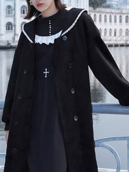 Sweet Lolita Coats Black Piping Overcoat Synthetic Lolita Outwears