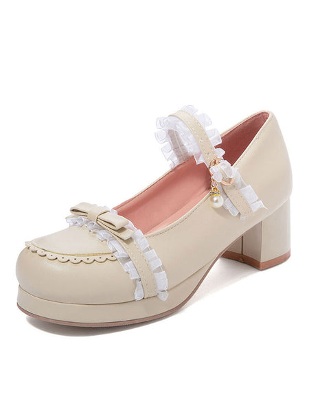 Sweet Lolita Shoes Lace Pearl Bow Round Toe PU Leather Lolita Pumps