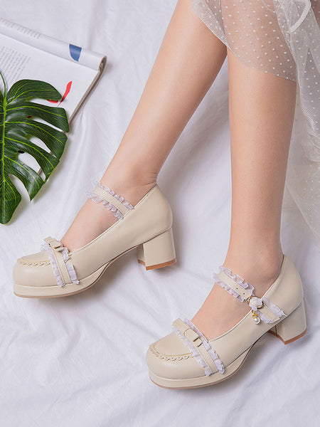 Sweet Lolita Shoes Lace Pearl Bow Round Toe PU Leather Lolita Pumps