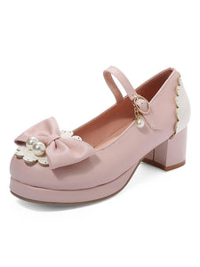Sweet Lolita Pump Pink Bows Pearl PU Leather Chunky Heel Lolita Shoes