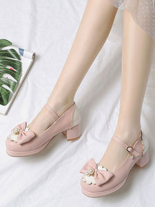 Sweet Lolita Pump Pink Bows Pearl PU Leather Chunky Heel Lolita Shoes