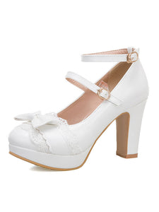 Sweet Lolita Footwear Bow Lace PU Leather Platform Chunky Heel Lolita Shoes