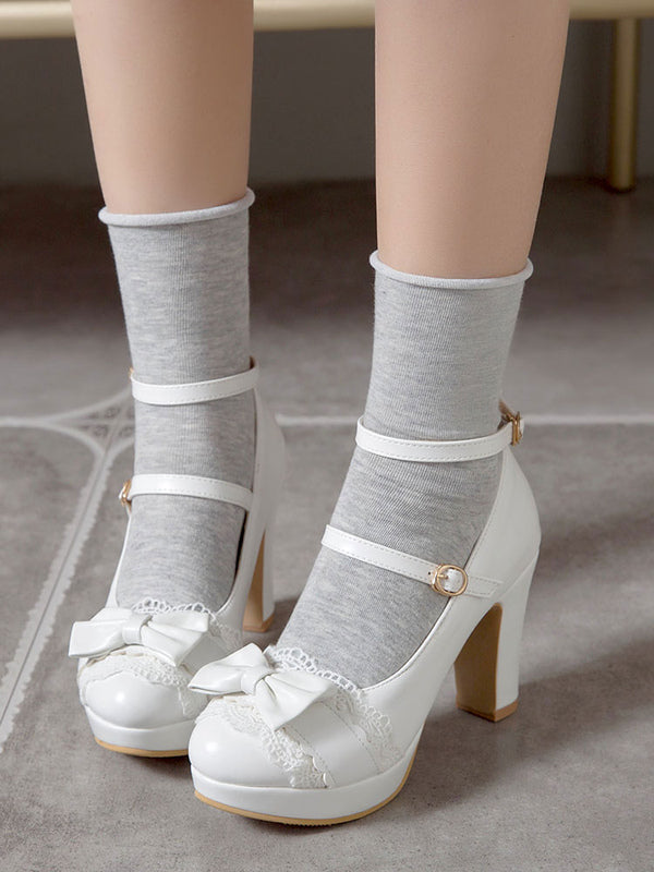 Sweet Lolita Footwear Bow Lace PU Leather Platform Chunky Heel Lolita Shoes