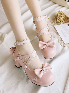 Sweet Lolita Footwear Pink Bow Ruffles Round Toe PU Leather Lolita Shoes