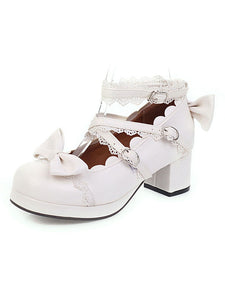 Sweet Lolita Footwear Pink Bow Ruffles Round Toe PU Leather Lolita Shoes