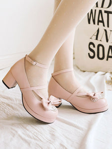 Sweet Lolita Footwear Pink Bow Bows Round Toe PU Leather Lolita Pumps