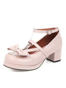 Sweet Lolita Footwear Pink Bow Bows Round Toe PU Leather Lolita Pumps