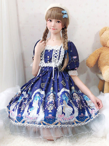 Sweet Lolita OP Dress Lace Blue Short Sleeves Lolita One Piece Dresses