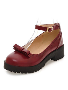 Lolita Shoes Burgundy Bows Round Toe PU Leather Ankle Strap Lolita Pump Shoes