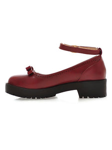 Lolita Shoes Burgundy Bows Round Toe PU Leather Ankle Strap Lolita Pump Shoes